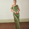 Asymmetrical Bardot Strap Satin Bridesmaid Dress - Moss Green
