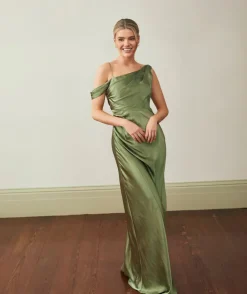 Asymmetrical Bardot Strap Satin Bridesmaid Dress - Moss Green