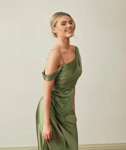Asymmetrical Bardot Strap Satin Bridesmaid Dress - Moss Green
