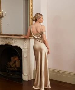 Asymmetrical Bardot Strap Satin Bridesmaid Dress - Champagne