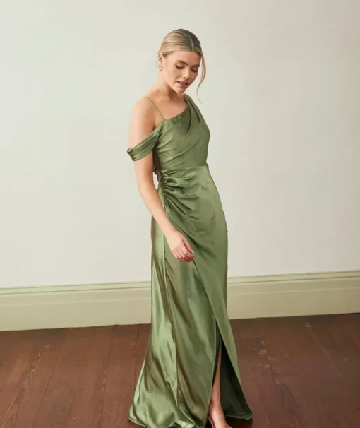 Asymmetrical Bardot Strap Satin Bridesmaid Dress - Moss Green