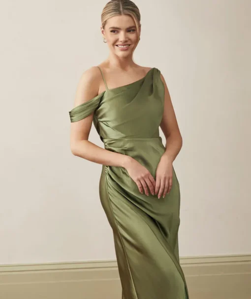 Asymmetrical Bardot Strap Satin Bridesmaid Dress - Moss Green