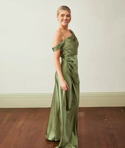 Asymmetrical Bardot Strap Satin Bridesmaid Dress - Moss Green