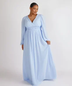 Balloon Sleeve Chiffon Bridesmaid Dress - Cornflower Blue
