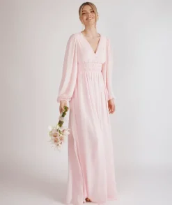 Balloon Sleeve Chiffon Bridesmaid Dress - Pale Pink