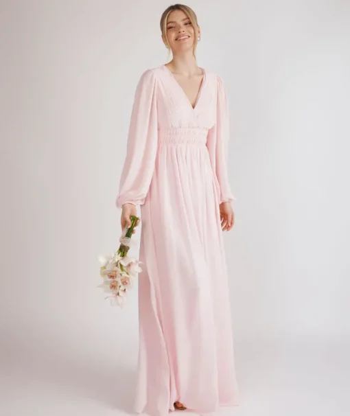 Balloon Sleeve Chiffon Bridesmaid Dress - Pale Pink