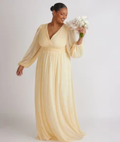 Balloon Sleeve Chiffon Bridesmaid Dress - Butter Lemon