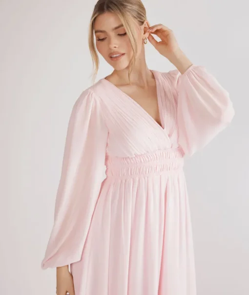 Balloon Sleeve Chiffon Bridesmaid Dress - Pale Pink