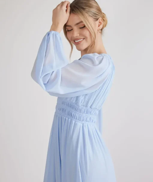 Balloon Sleeve Chiffon Bridesmaid Dress - Cornflower Blue