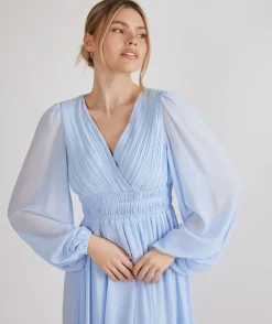 Balloon Sleeve Chiffon Bridesmaid Dress - Cornflower Blue