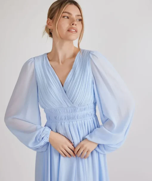 Balloon Sleeve Chiffon Bridesmaid Dress - Cornflower Blue