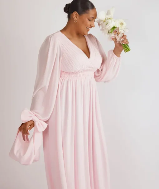 Balloon Sleeve Chiffon Bridesmaid Dress - Pale Pink