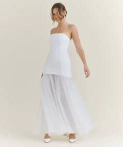 Bandeau Drop Waist Maxi Dress – White