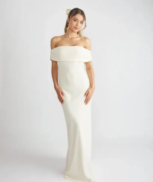 Bardot Gathered Crepe Bridesmaid Dress - Almond
