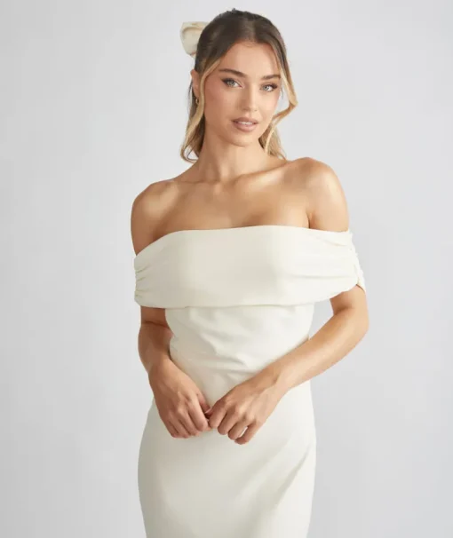 Bardot Gathered Crepe Bridesmaid Dress - Almond