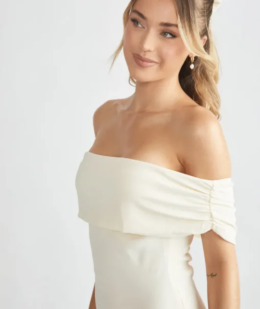 Bardot Gathered Crepe Bridesmaid Dress - Almond
