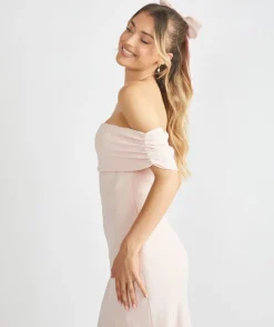 Bardot Gathered Crepe Bridesmaid Dress - Blush