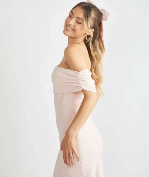 Bardot Gathered Crepe Bridesmaid Dress - Blush