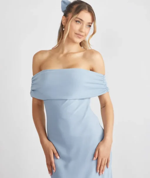 Bardot Gathered Crepe Bridesmaid Dress - Pale Blue