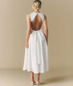 Bow Back Dropped Waist Midi Dress - White