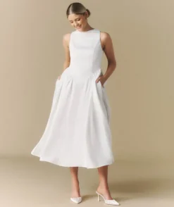 Bow Back Dropped Waist Midi Dress - White