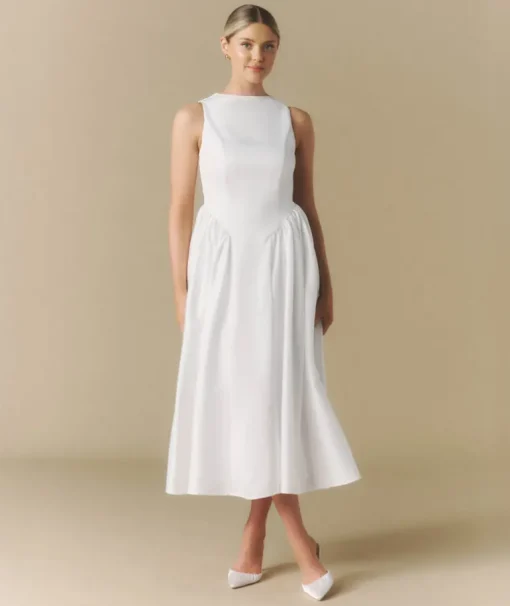 Bow Back Dropped Waist Midi Dress - White