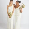 Bow One Shoulder Gathered Crepe Bridesmaid Dress - Almond