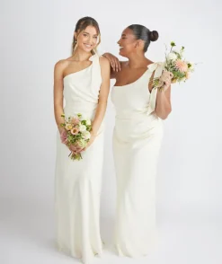 Bow One Shoulder Gathered Crepe Bridesmaid Dress - Almond