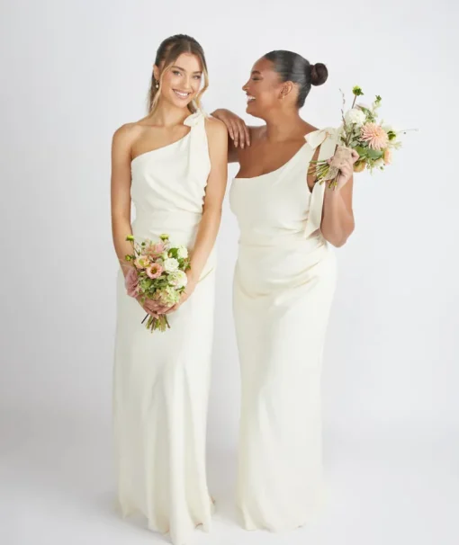 Bow One Shoulder Gathered Crepe Bridesmaid Dress - Almond