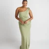 Bow One Shoulder Gathered Crepe Bridesmaid Dress - Sage