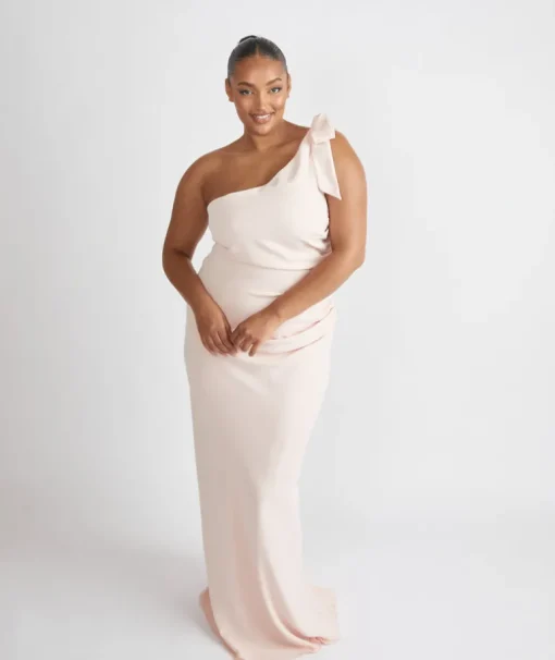 Bow One Shoulder Gathered Crepe Bridesmaid Dress - Blush