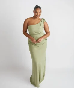 Bow One Shoulder Gathered Crepe Bridesmaid Dress - Sage
