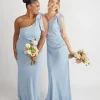 Bow One Shoulder Gathered Crepe Bridesmaid Dress - Pale Blue