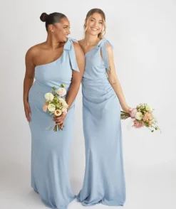 Bow One Shoulder Gathered Crepe Bridesmaid Dress - Pale Blue