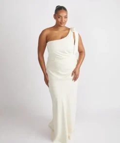 Bow One Shoulder Gathered Crepe Bridesmaid Dress - Almond