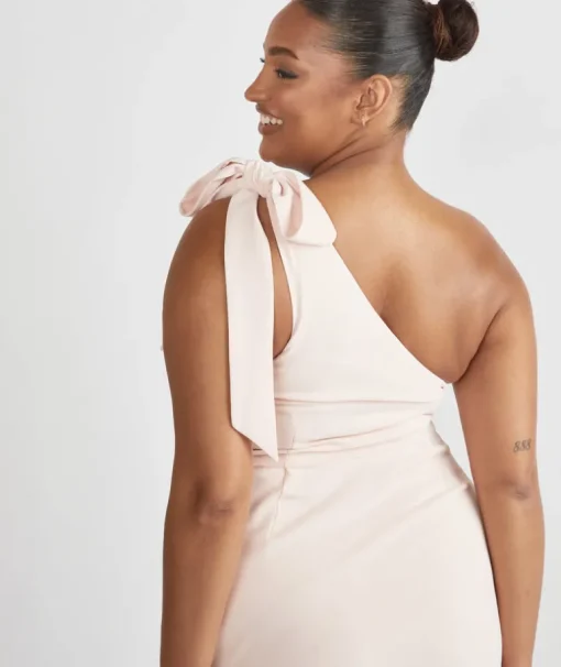 Bow One Shoulder Gathered Crepe Bridesmaid Dress - Blush