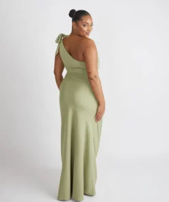 Bow One Shoulder Gathered Crepe Bridesmaid Dress - Sage