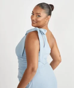 Bow One Shoulder Gathered Crepe Bridesmaid Dress - Pale Blue