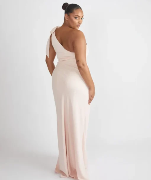 Bow One Shoulder Gathered Crepe Bridesmaid Dress - Blush