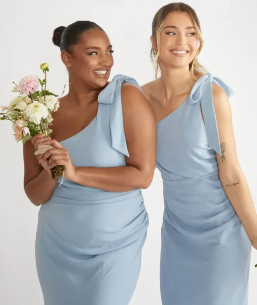 Bow One Shoulder Gathered Crepe Bridesmaid Dress - Pale Blue