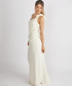 Bow One Shoulder Gathered Crepe Bridesmaid Dress - Almond