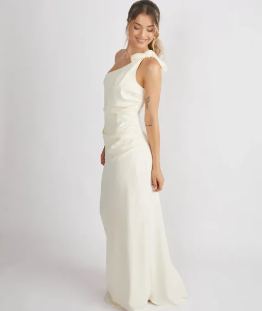 Bow One Shoulder Gathered Crepe Bridesmaid Dress - Almond