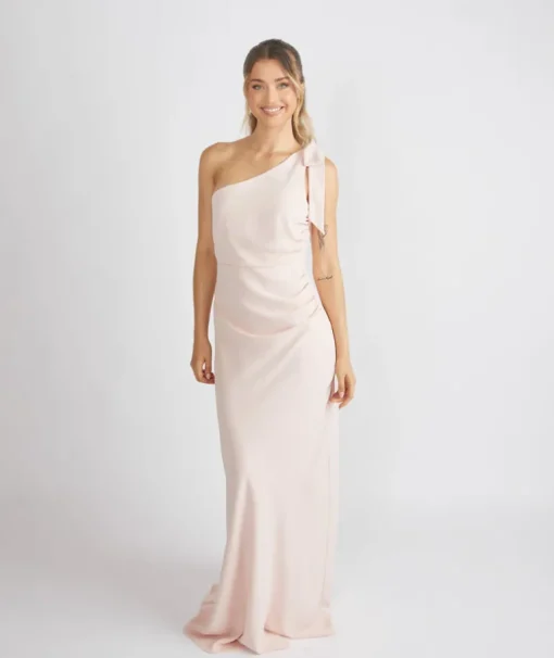 Bow One Shoulder Gathered Crepe Bridesmaid Dress - Blush
