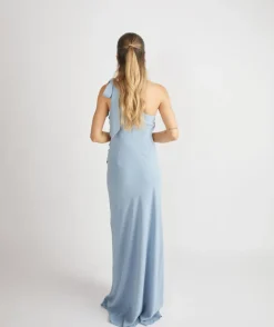 Bow One Shoulder Gathered Crepe Bridesmaid Dress - Pale Blue