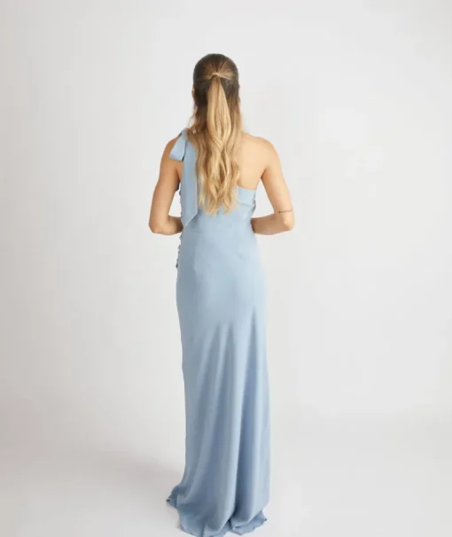 Bow One Shoulder Gathered Crepe Bridesmaid Dress - Pale Blue