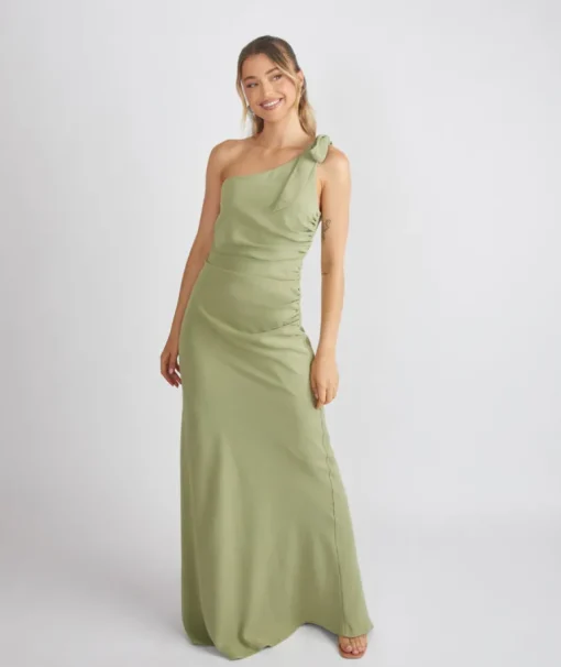 Bow One Shoulder Gathered Crepe Bridesmaid Dress - Sage
