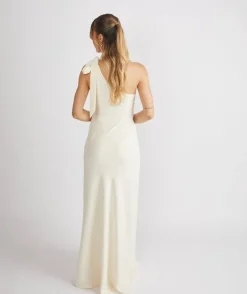Bow One Shoulder Gathered Crepe Bridesmaid Dress - Almond