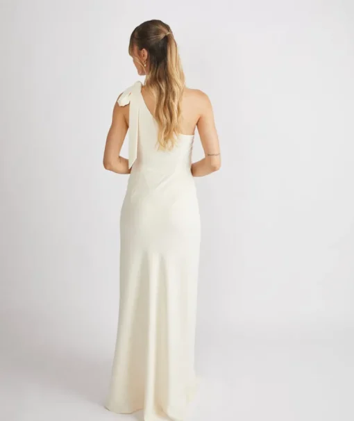 Bow One Shoulder Gathered Crepe Bridesmaid Dress - Almond