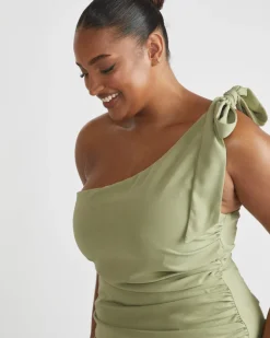 Bow One Shoulder Gathered Crepe Bridesmaid Dress - Sage