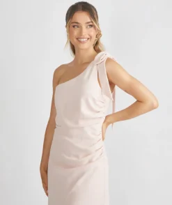 Bow One Shoulder Gathered Crepe Bridesmaid Dress - Blush